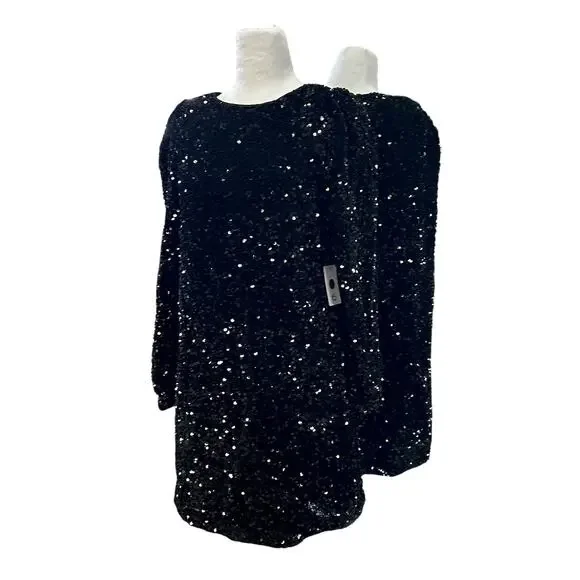 Black Sequin Long Sleeve Mini Dress XS Party Holiday NYE Cocktail Coquette - Picture 4 of 11